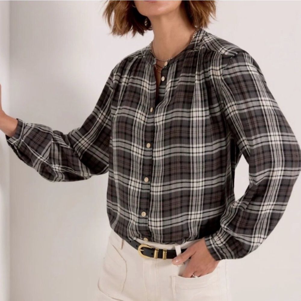 Faherty Drift Top Timberwood Black Gray Plaid Collarless‎ Button Down Shirt XS
